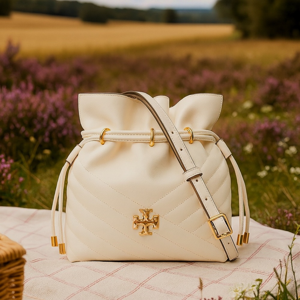 Tory Burch Kira Chevron Ivory Leather Mini Crossbody Drawstring Bucket Tote Bag